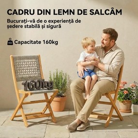 Outsunny Set de 2 Scaune de Grădină din Ratan PE, Scaune Pliabile de Exterior, Structură din Lemn de Salcâm, pentru Balcon, Terasă, Suport până la 160 kg, Gri | Aosom Romania