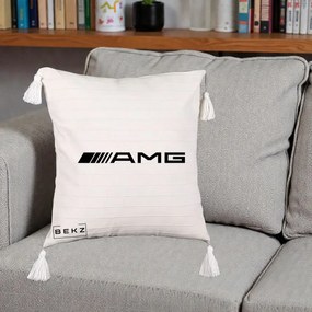 Perna Personalizata cu emblema Mercedes-AMG, 40x40 cm, Bej cu Franjuri, Husa Detasabila, Perna Inclusa, BEKZ®