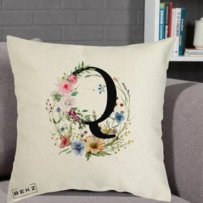 Cadou Personalizat - Perna Personalizata Monogram Litera Q cu Flori Acuarela, 40x40 cm, Ecru, Husa Detasabila, Perna Inclusa, BEKZ®