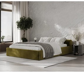 Pat matrimonial verde închis tapițat cu spațiu de depozitare cu somieră 180x200 cm Solvo – Maison de Rêve