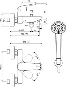 Set baterie cada cu dus, cu baterie, para si furtun, crom lucios, Ideal Standard CeraFlex