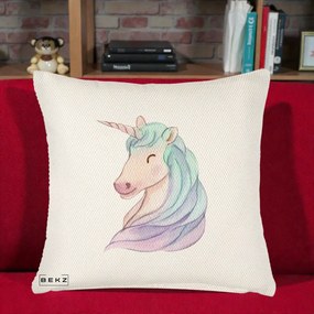 Perna Decorativa Unicorn Acuarela Pastel, 40x40 cm, Crem Reliefat, Husa Detasabila, Perna Inclusa, BEKZ®