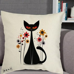 Perna Decorativa Pisica Neagra Ochi Rosii Flori, 40x40 cm, Ecru, Husa Detasabila, Perna Inclusa, BEKZ®