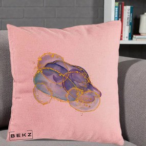 Perna Decorativa Abstract Acuarela Albastru-Mov cu Cercuri Aurii, 40x40 cm, Roz, Husa Detasabila, Perna Inclusa, BEKZ®
