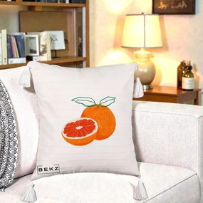 Perna Decorativa Grepfrut Citrus, 40x40 cm, Bej cu Franjuri, Husa Detasabila, Perna Inclusa, BEKZ®