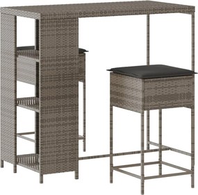 vidaXL Set mobilier bar de grădină, cu perne, 3 piese, gri, poliratan