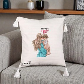 Cadou pentru Mama - Perna Personalizata Mommy's Girl Mama si Fetita, 40x40 cm, Bej cu Franjuri, Husa Detasabila, Perna Inclusa, BEKZ®