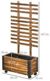 Outsunny Jardiniera cu Spalier pentru Plante Agatatoare si Roti, Jardiniera din Lemn de Brad cu Design Autodrenant, 65x31x147 cm, Maro Carbonizat