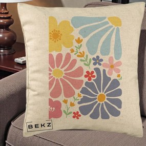 Perna Decorativa Flori Grafice Pastel Multicolor, 40x40 cm, Bej, Husa Detasabila, Perna Inclusa, BEKZ®