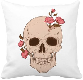 Perna Decorativa Patrata Skull Rose Art, 40x40 cm, Alba, Mata, Husa Detasabila, Burduf