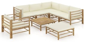 Set mobilier de gradina, 8 piese, perne alb crem, bambus Crem, 3x colt + 2x mijloc + fotoliu + suport pentru picioare + masa, 1