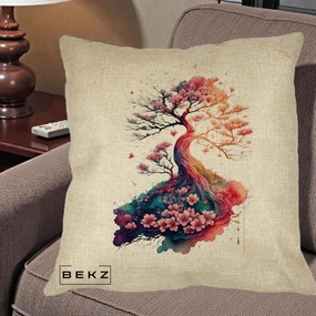 Perna Decorativa Copac Sakura Acuarela Fantasy, 40x40 cm, Crem, Husa Detasabila, Perna Inclusa, BEKZ®