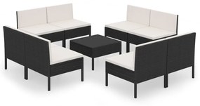 Set mobilier de gradina cu perne, 9 piese, negru, poliratan 8x mijloc + masa, 1