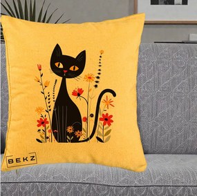 Perna Decorativa Pisica Neagra Ochi Galbeni Flori, 40x40 cm, Galben, Husa Detasabila, Perna Inclusa, BEKZ®
