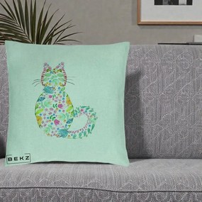 Perna Decorativa Pisica Florala Acuarela, 40x40 cm, Verde Menta, Husa Detasabila, Perna Inclusa, BEKZ®