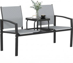 Outsunny Bancă de grădină pentru 2 persoane cu spătar și brațere, masă din sticlă în 2 niveluri, rezistă la 240 kg 135 x 67 x 81 cm Gri | Aosom Romania