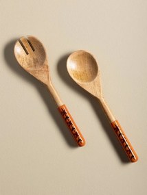 Tacâmuri pentru salată din lemn de mango, set 2 bucăți, cu mâner portocaliu pictat cu flori, 28 x 7 cm, „Hélios”