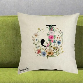 Cadou Personalizat - Perna Personalizata Monogram Litera J cu Flori Acuarela, 40x40 cm, Ecru, Husa Detasabila, Perna Inclusa, BEKZ®