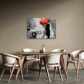 Tablou pe sticlă - Cuplu în dragoste sub o umbrelă, roșu (70x50 cm)
