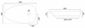 Lavoar pe blat Rea Greta Bianco asimetric finisaj alb piatra lucios 65 cm