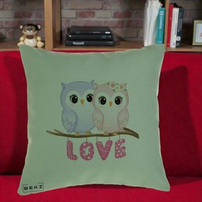 Perna Decorativa Love Bufnite Indragostite pe Crenguta Roz si Mov, 40x40 cm, Verde, Husa Detasabila, Perna Inclusa, BEKZ®