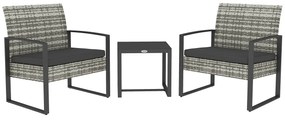 Outsunny Salon de jardin 3 piese 2 scaune cu perne + masă de cafea cu blat din sticlă securizată rășină tressée gri deschis | Aosom Romania