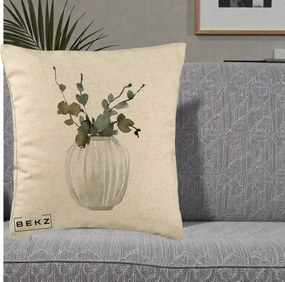 Perna Decorativa Vaza cu Eucalipt Watercolor, 40x40 cm, Bej, Husa Detasabila, Perna Inclusa, BEKZ®