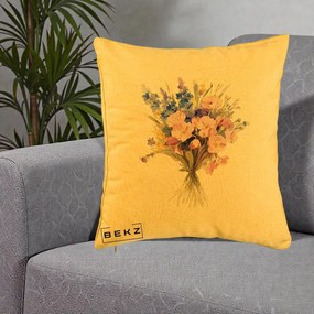 Perna Decorativa Buchet Floral Acuarela Primavara, 40x40 cm, Galben, Husa Detasabila, Perna Inclusa, BEKZ®