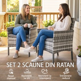 Outsunny Set de 2 Scaune de Grădină din Ratan, Scaune de Exterior cu Perne, Cotiere și Spătar Înalt, Cadru din Oțel pentru Verandă, Balcon, Lângă Piscină și Grădină, Gri | Aosom Romania
