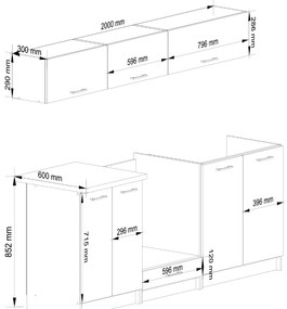 Set de bucătărie 200 cm Ozara V (Alb + beton). 1071176