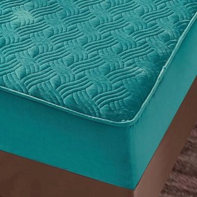 Husa de pat matlasata si 2 fete de perne din catifea, cu elastic, model tip topper, pentru saltea 180x200 cm, turquoise, HTC-03