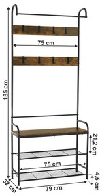 Raft pentru pantofi, lemn rustic şi metal negru / MDF, KELAM