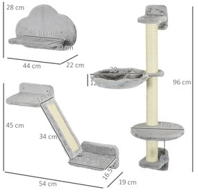 PawHut Set de 3 piese Cățărat pe Perete pentru Pisici cu Hamac Rampă cu Zgârietor Platformă în Formă de Nor Gri | Aosom Romania