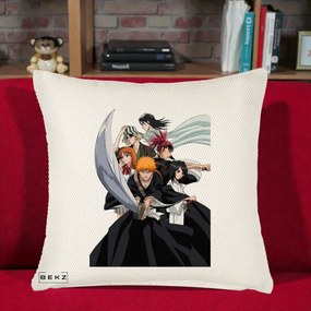 Perna Personalizata Bleach Grup Complet Ichigo si Prietenii, 40x40 cm, Crem Reliefat, Husa Detasabila, Perna Inclusa, BEKZ®