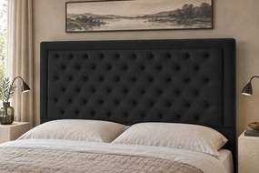 Pat tapițat Chesterfield din catifea Ophelia Deluxe 180×200 cm, negru, cu ladă de depozitare