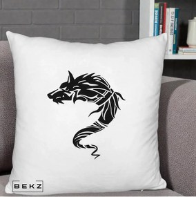Perna Decorativa Lup Tribal Alb-Negru, 40x40 cm, Alb Pufos, Husa Detasabila, Perna Inclusa, BEKZ®