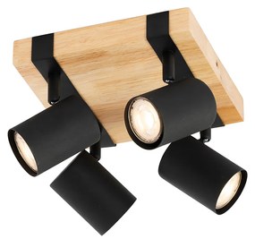 Plafoniera neagră cu lemn 4 lumini reglabile dreptunghiulare - Jeana