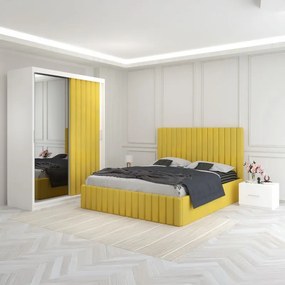 Set Mobila De Dormitor Luca Galben, pat tapitat 160x200cm, dulap cu oglinda 150x210cm, noptiere