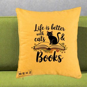 Perna Personalizata Life is Better Cats and Books, 40x40 cm, Galben, Husa Detasabila, Perna Inclusa, BEKZ®