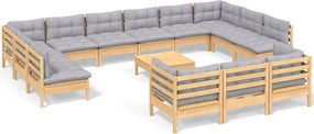 vidaXL Set mobilier grădină cu perne, 14 piese, gri, lemn masiv pin