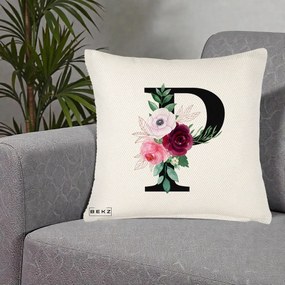 Cadou Personalizat - Perna Personalizata Monograma Florala Litera P, 40x40 cm, Crem Reliefat, Husa Detasabila, Perna Inclusa, BEKZ®