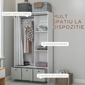 HOMCOM Dulap Modern cu Bară de Agățat, 3 Compartimente și Sertare din Țesătură, Organizator de Haine pentru Dormitor, Natural | Aosom Romania