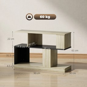 HOMCOM Măsuță laterală în formă de S, măsuță de canapea cu 3 niveluri și rafturi de depozitare, 90 x 30 x 61 cm, efect lemn natural negru | Aosom Romania