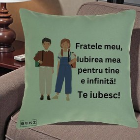 Cadou pentru Frate - Perna Personalizata Fratele Meu Te Iubesc Elevi Ilustratie Colorata, 40x40 cm, Verde, Husa Detasabila, Perna Inclusa, BEKZ®