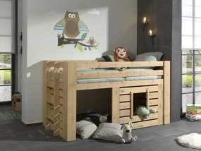 Pat dublu OLIVE, 90 x 200 cm, din pin masiv cu finisaj stejar, cu spațiu multifuncțional dedesubt, scară și fereastră montabile pe stânga sau dreapta