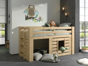 Pat dublu OLIVE, 90 x 200 cm, din pin masiv cu finisaj stejar, cu spațiu multifuncțional dedesubt, scară și fereastră montabile pe stânga sau dreapta