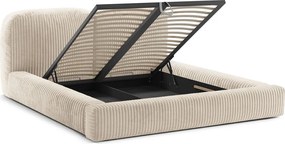 Pat matrimonial bej tapițat cu spațiu de depozitare cu somieră 200x200 cm Martina – Micadoni