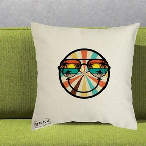 Perna Decorativa Smiley Face Retro Sunset Palmieri, 40x40 cm, Ecru, Husa Detasabila, Perna Inclusa, BEKZ®