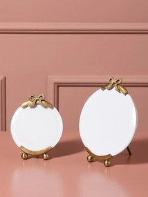 Set 2 rame foto rotunde din sticlă și metal, auriu, fundă sculptată, margine șlefuită și picioare sferice, finisaj antichizat, 2 x 16 x 13 cm,