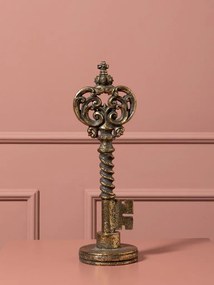 Cheie decorativă din rășină, auriu, mâner dantelat și detalii florale în relief, pe suport rotund, finisaj antichizat, 34.5 x 11 x 10,5 cm, „Seruria”